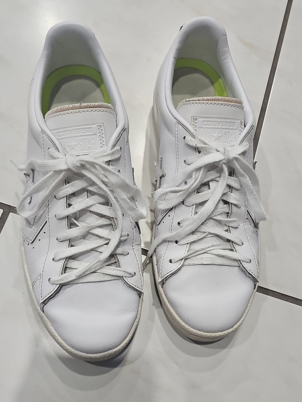 Converse White Low-Top Leather Sneakers with Lime Green Insoles